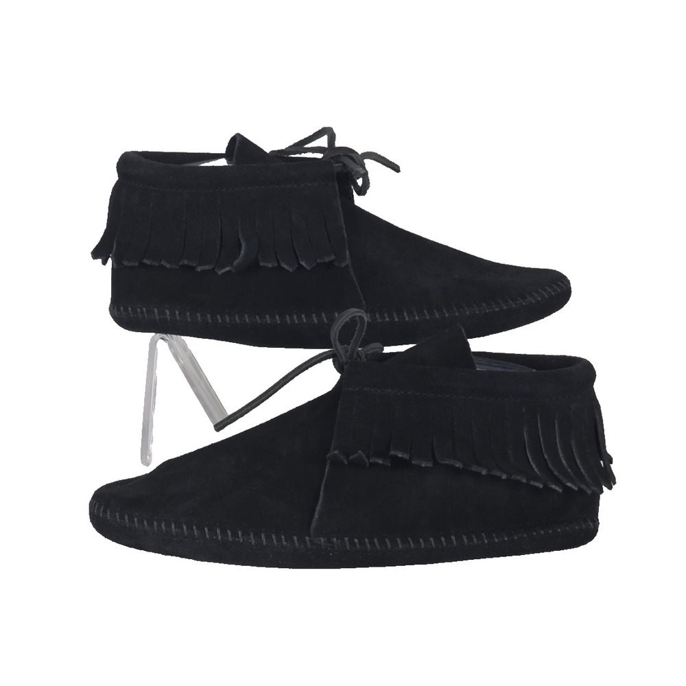 Minnetonka Womens 9.5 Black Suede Fringe Moccasin Ankle Boots Booties Soft